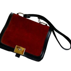 COPY - Rare Vintage Ring Shoulder Bag Suede Vinyl Adjustable Strap Brown Black